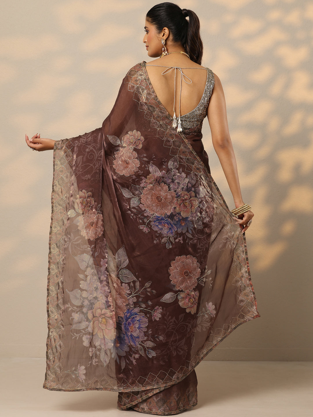  Brown Printed Organza Saree With Unstitched Blouse Piece 