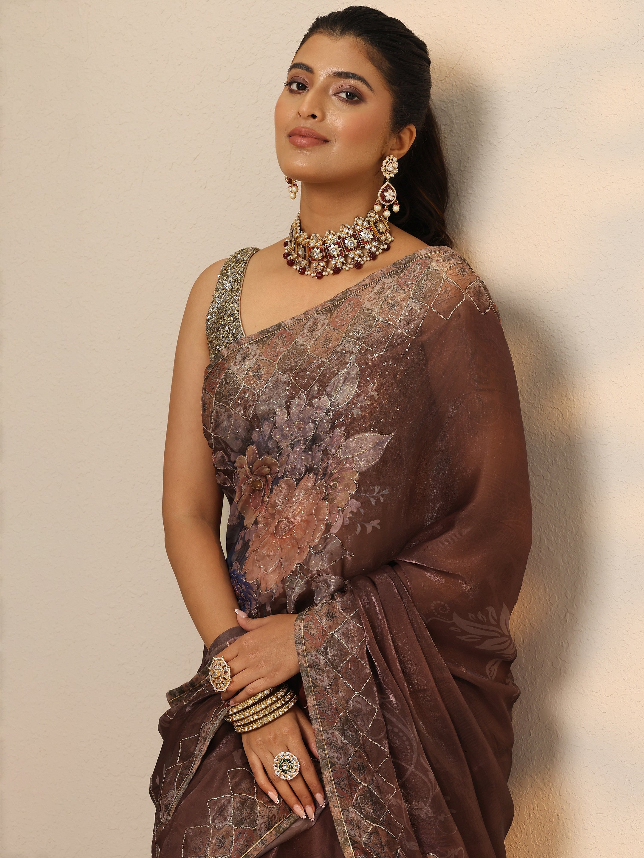 Brown Printed Organza Saree With Unstitched Blouse Piece-image-43