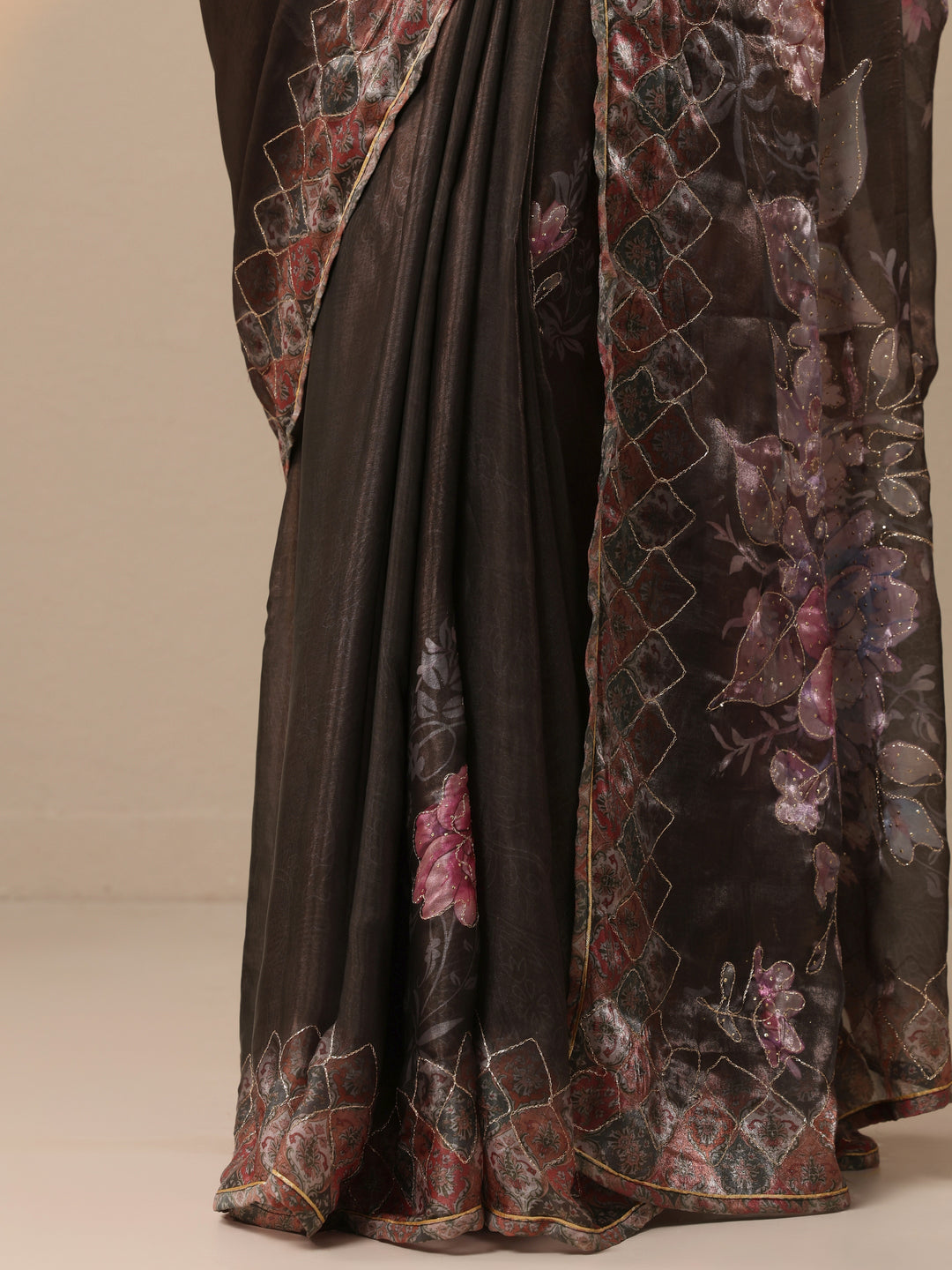  Black Printed Organza Saree With Unstitched Blouse Piece 