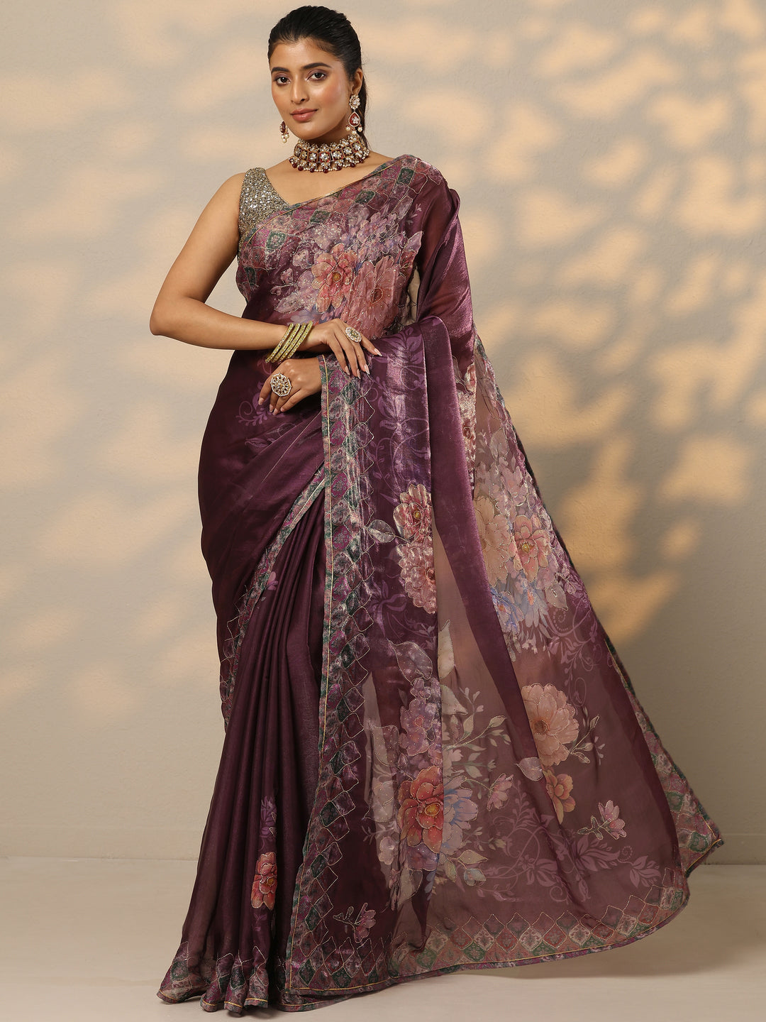  Burgundy Printed Organza Saree With Unstitched Blouse Piece 