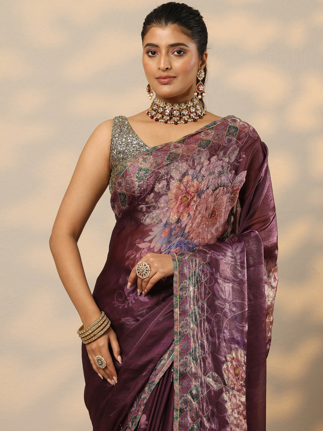  Burgundy Printed Organza Saree With Unstitched Blouse Piece 