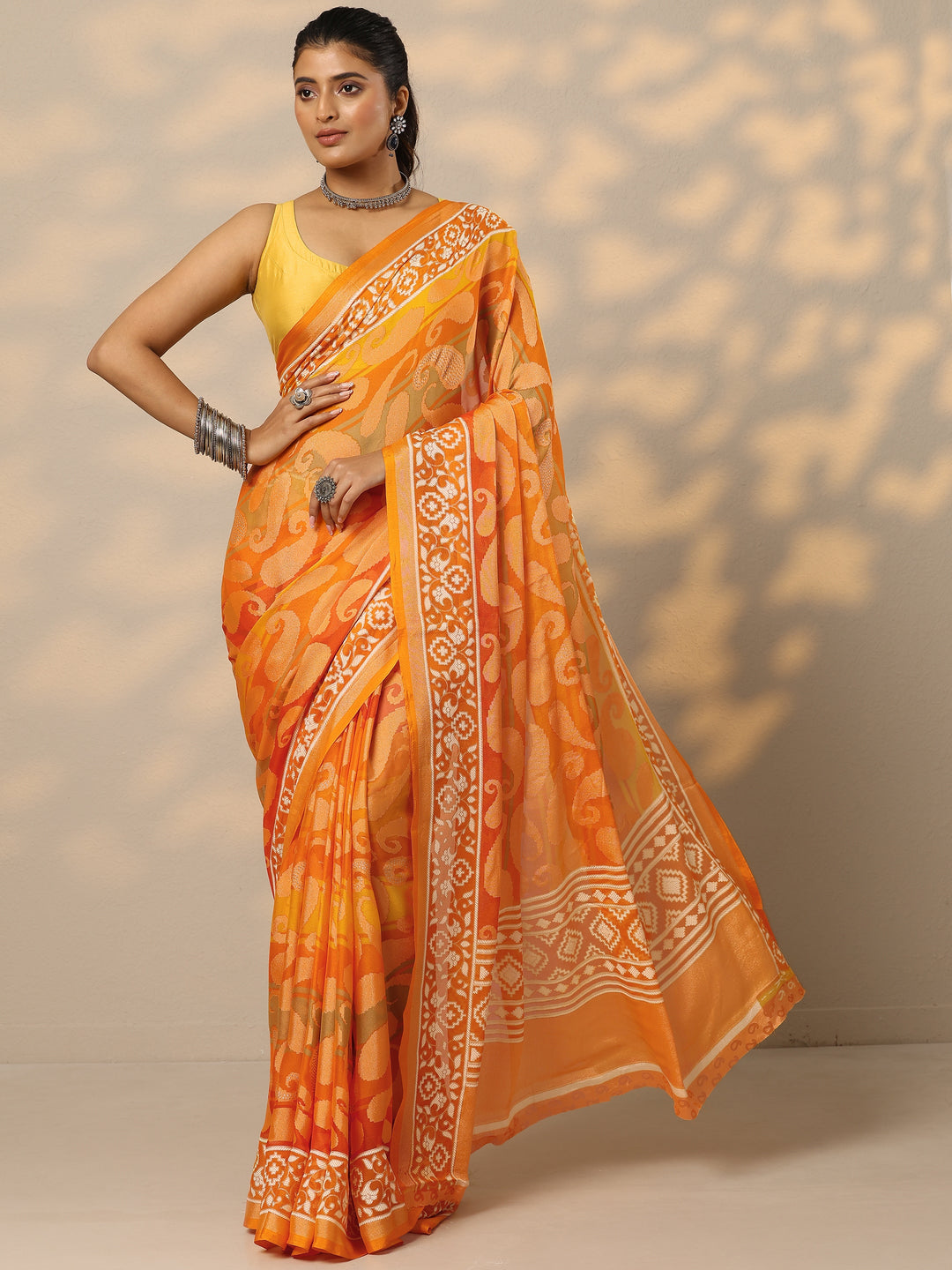  Mustard Printed Georgette Saree With Unstitched Blouse Piece 