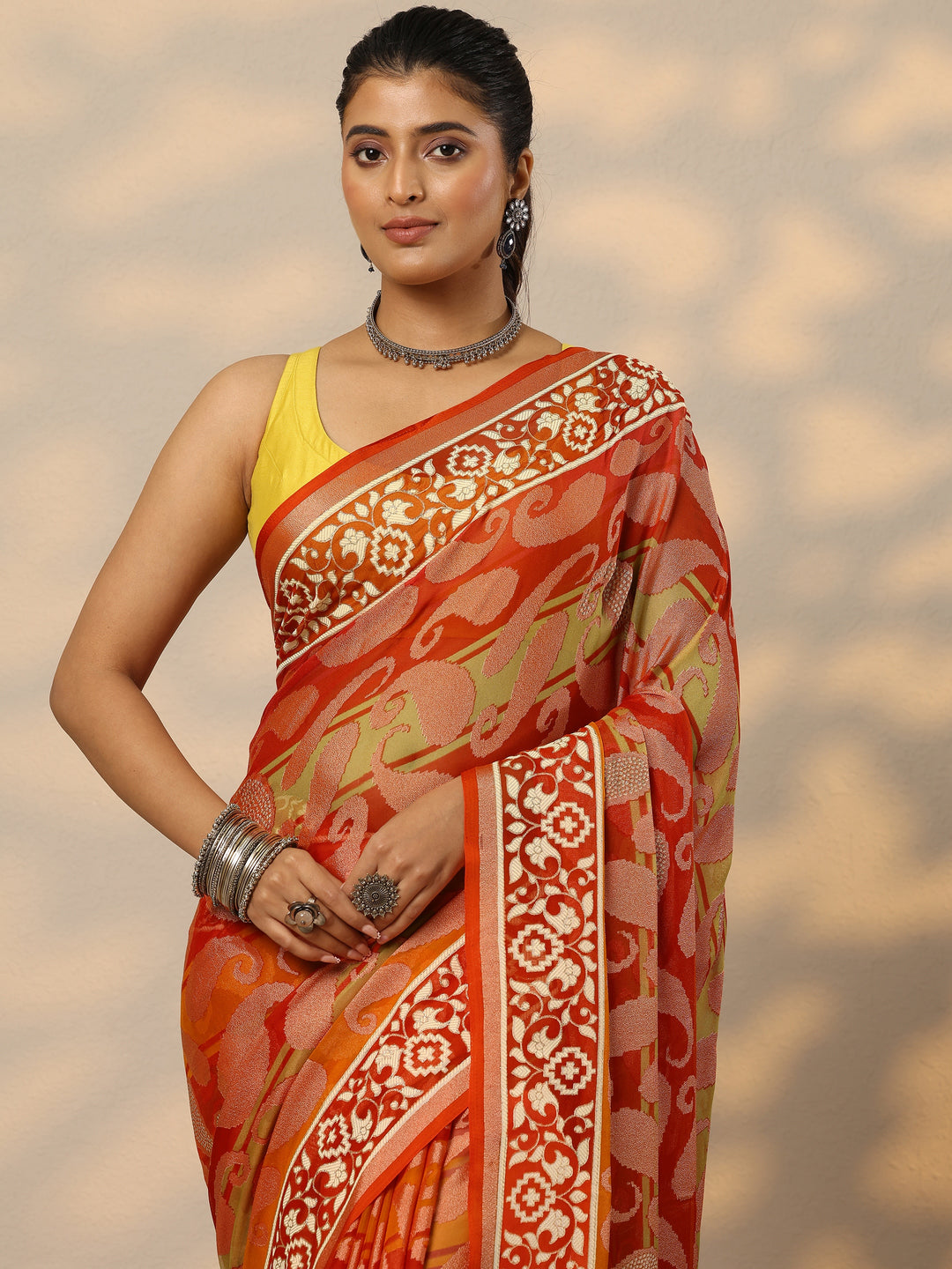  Orange Printed Georgette Saree With Unstitched Blouse Piece 