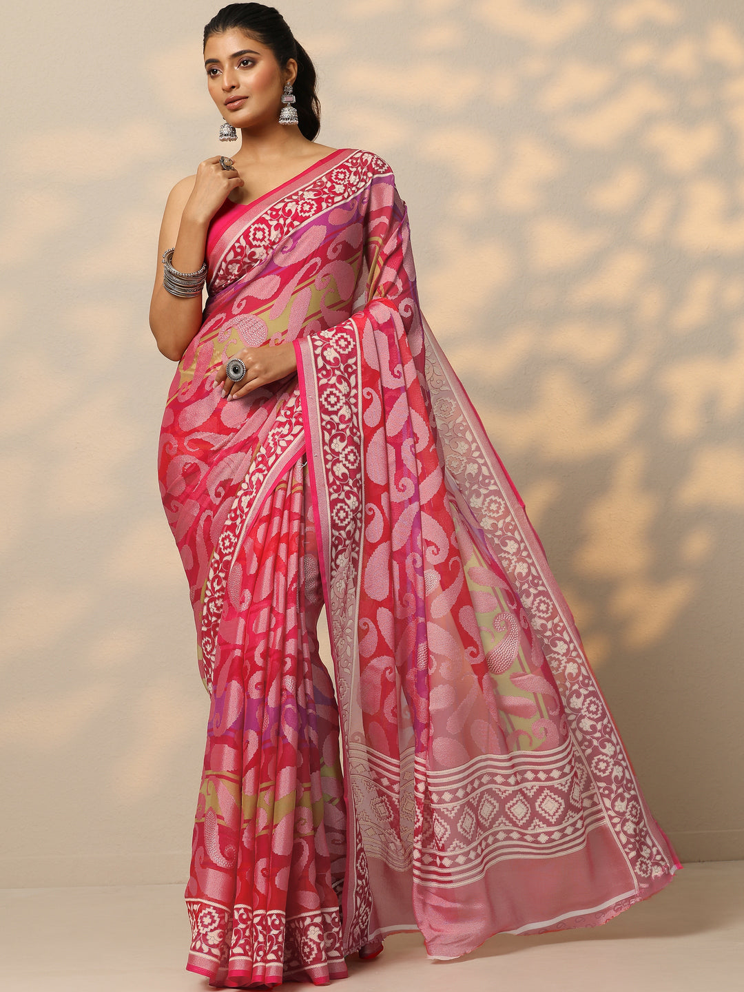  Pink Printed Georgette Saree With Unstitched Blouse Piece 