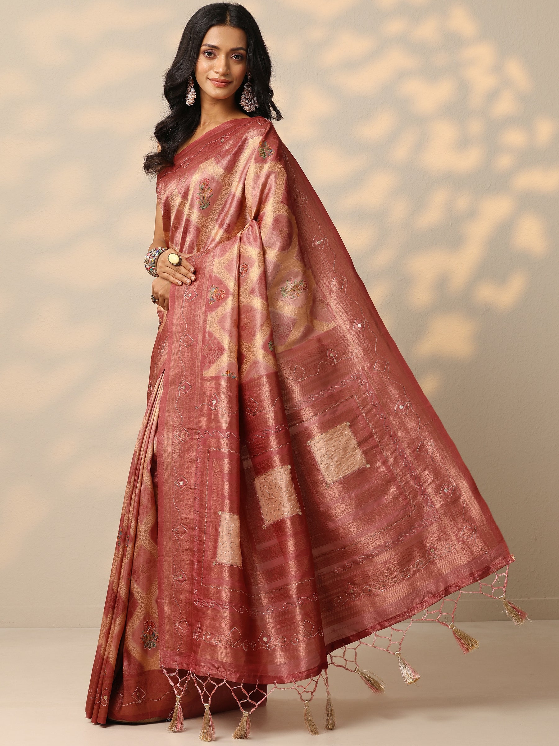 Blue Printed Satin Saree With Unstitched Blouse Piece