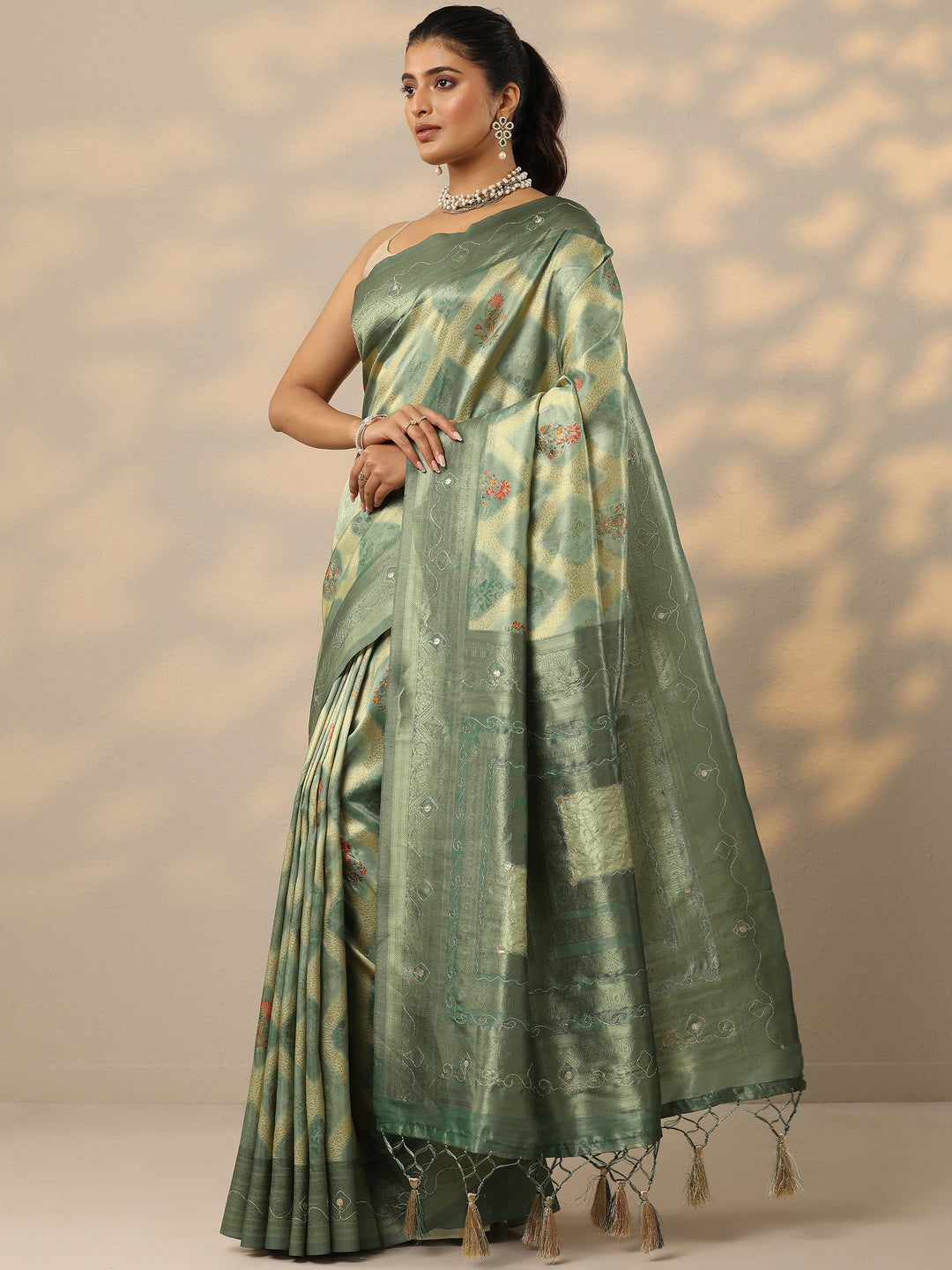  Green Woven Design Silk Blend Saree With Unstitched Blouse Piece 
