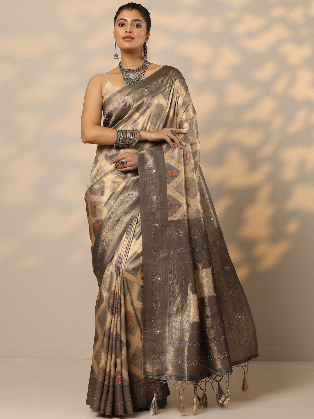  Grey Woven Design Banarasi Silk Blend Saree With Unstitched Blouse Piece 
