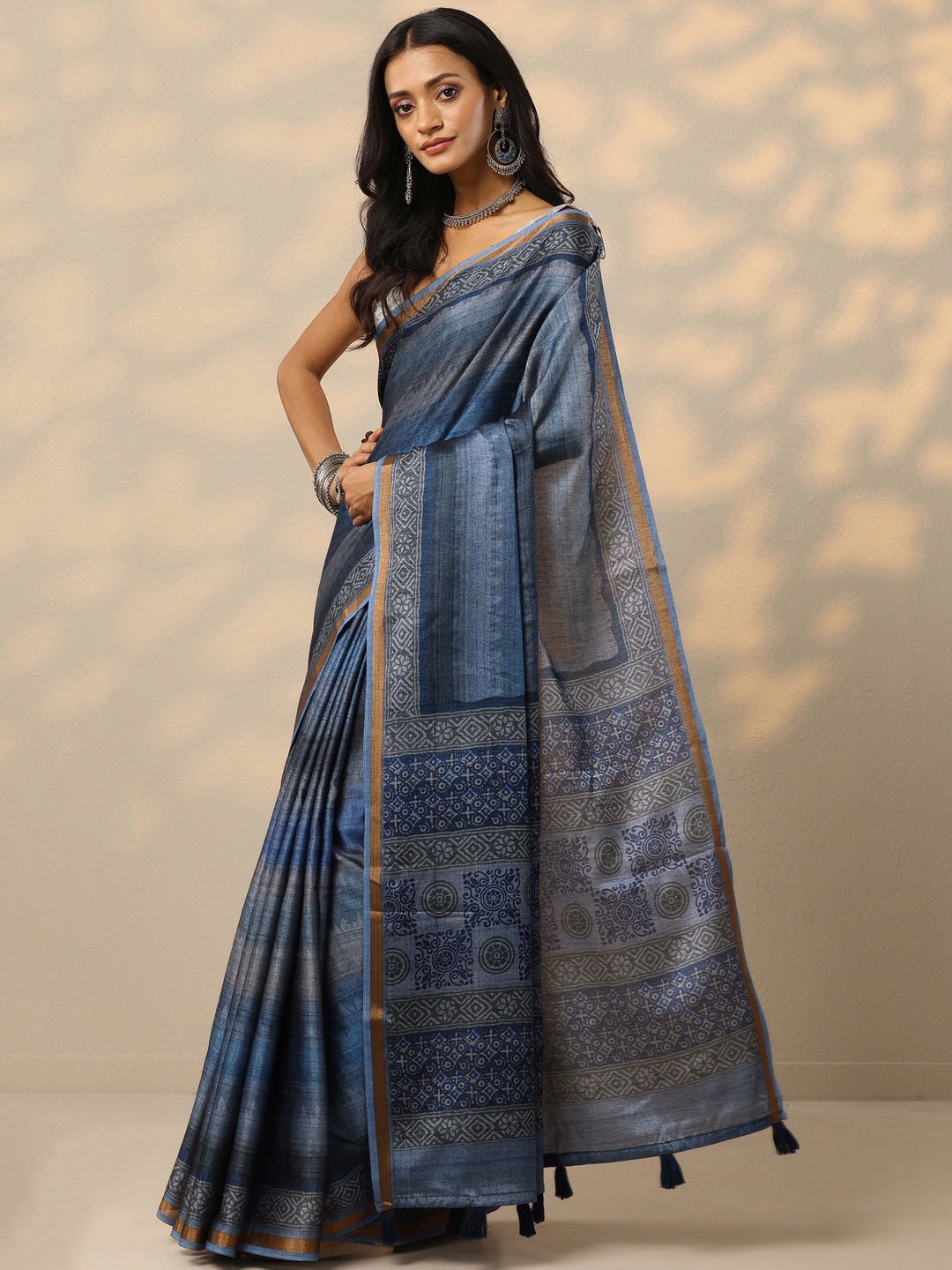  Blue Printed Silk Blend Saree With Unstitched Blouse Piece 