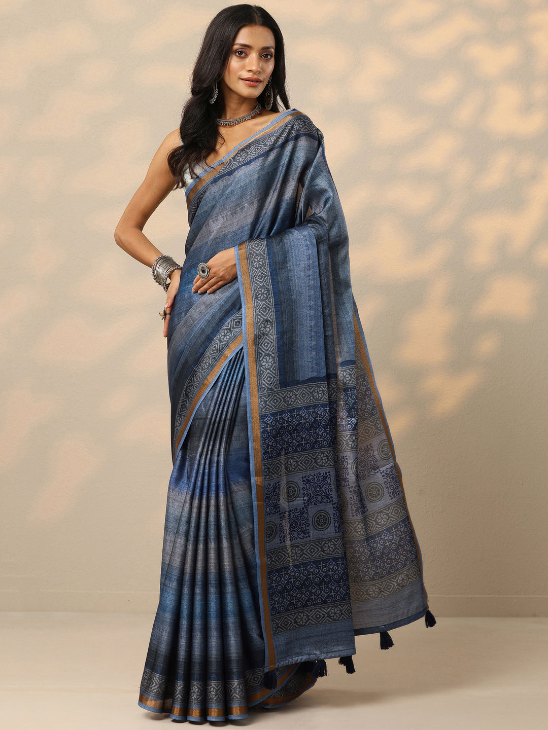  Blue Printed Silk Blend Saree With Unstitched Blouse Piece 