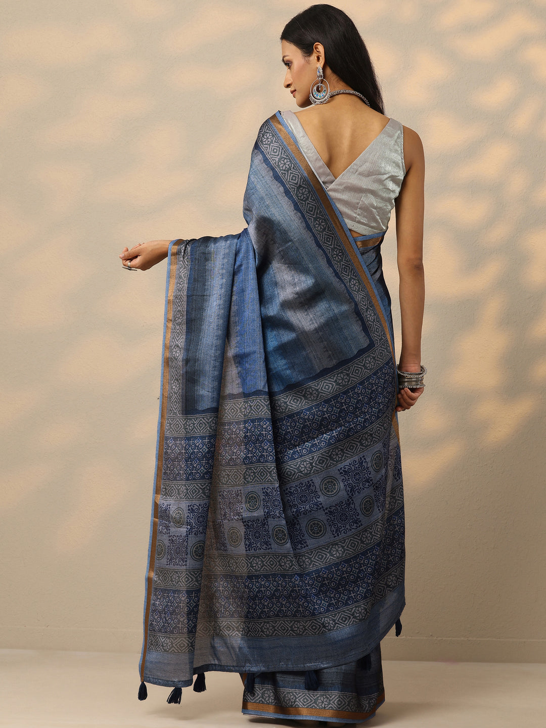  Blue Printed Silk Blend Saree With Unstitched Blouse Piece 