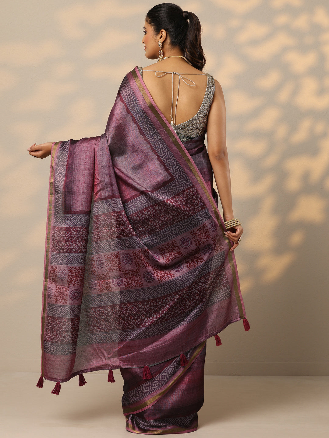  Mauve Printed Silk Blend Saree With Unstitched Blouse Piece 
