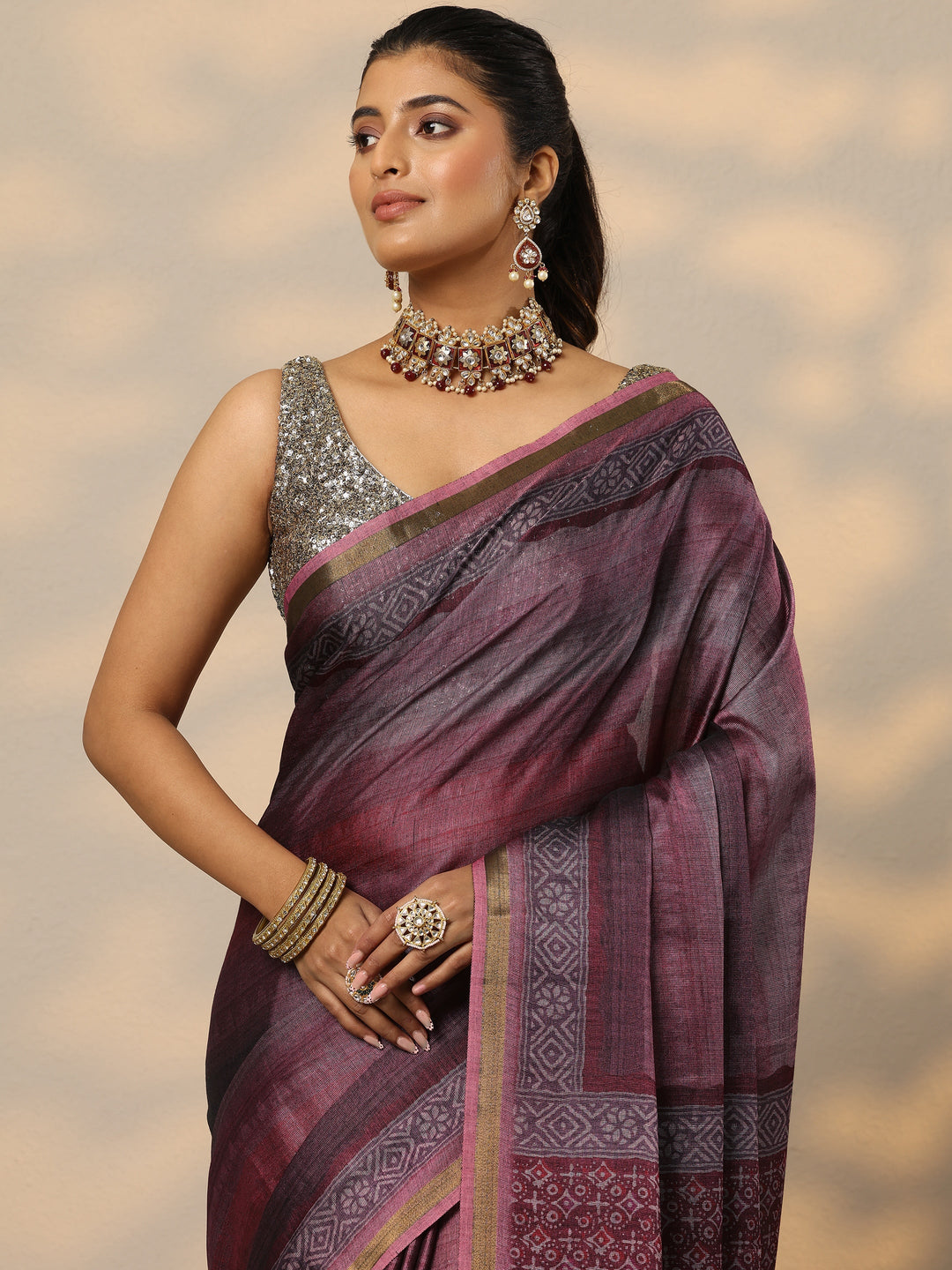  Mauve Printed Silk Blend Saree With Unstitched Blouse Piece 