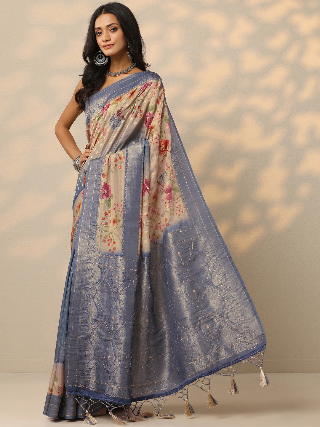  Blue Woven Design Silk Blend Saree With Unstitched Blouse Piece 