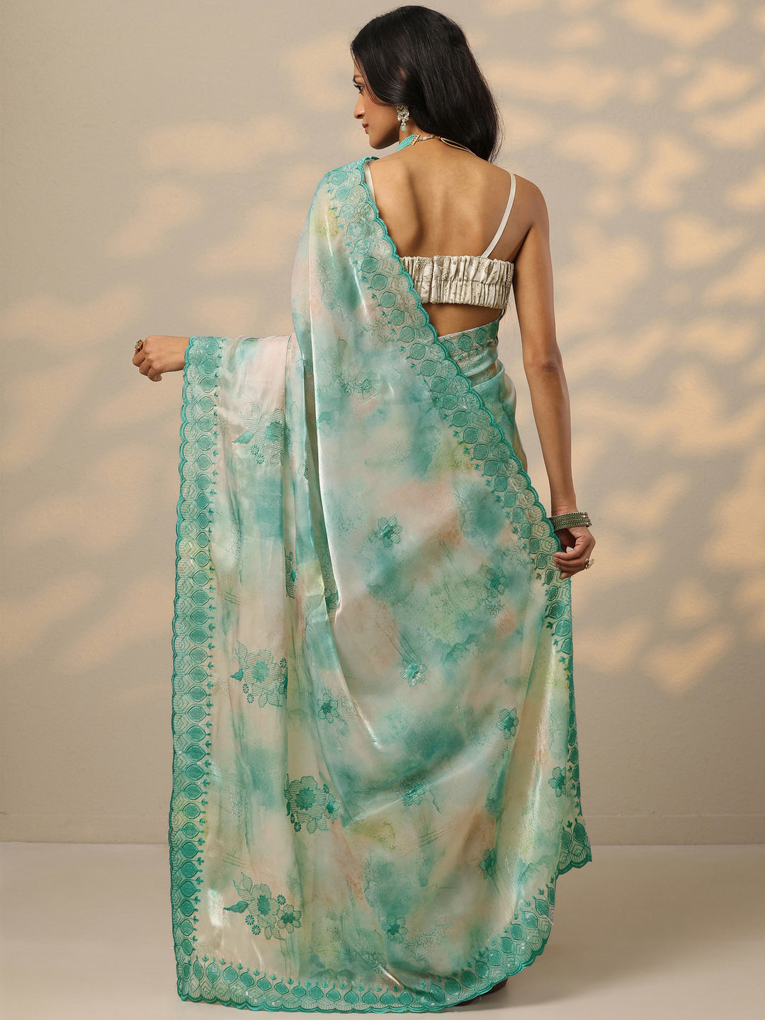  Turquoise Blue Embroidered Organza Saree With Unstitched Blouse Piece 
