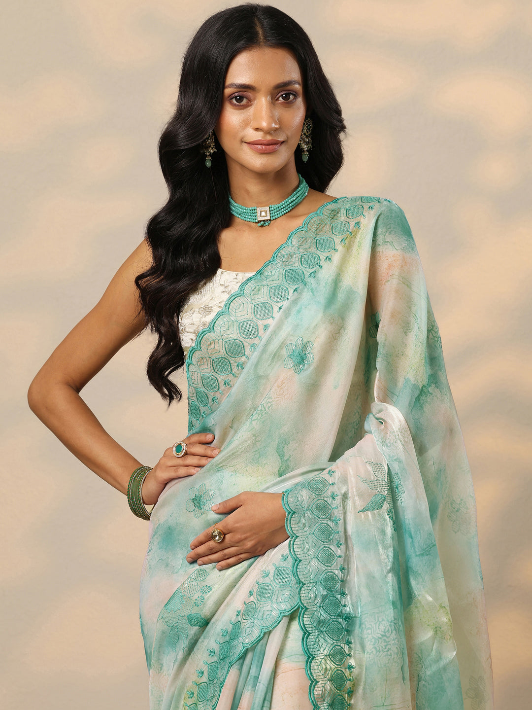  Turquoise Blue Embroidered Organza Saree With Unstitched Blouse Piece 