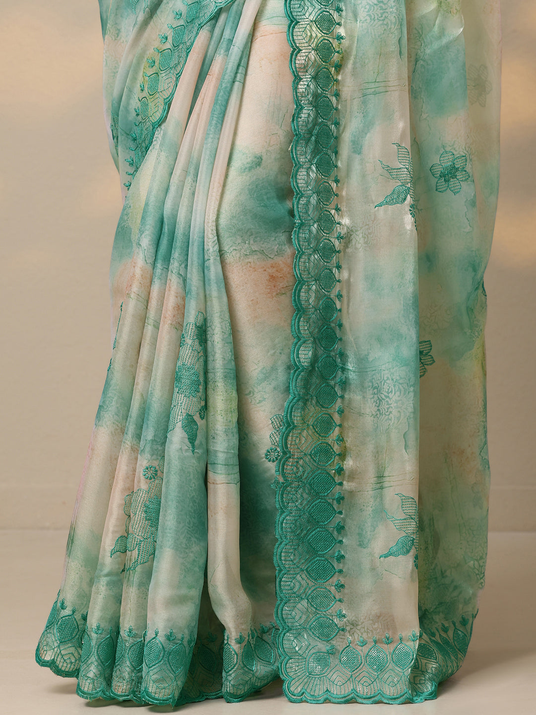  Turquoise Blue Embroidered Organza Saree With Unstitched Blouse Piece 