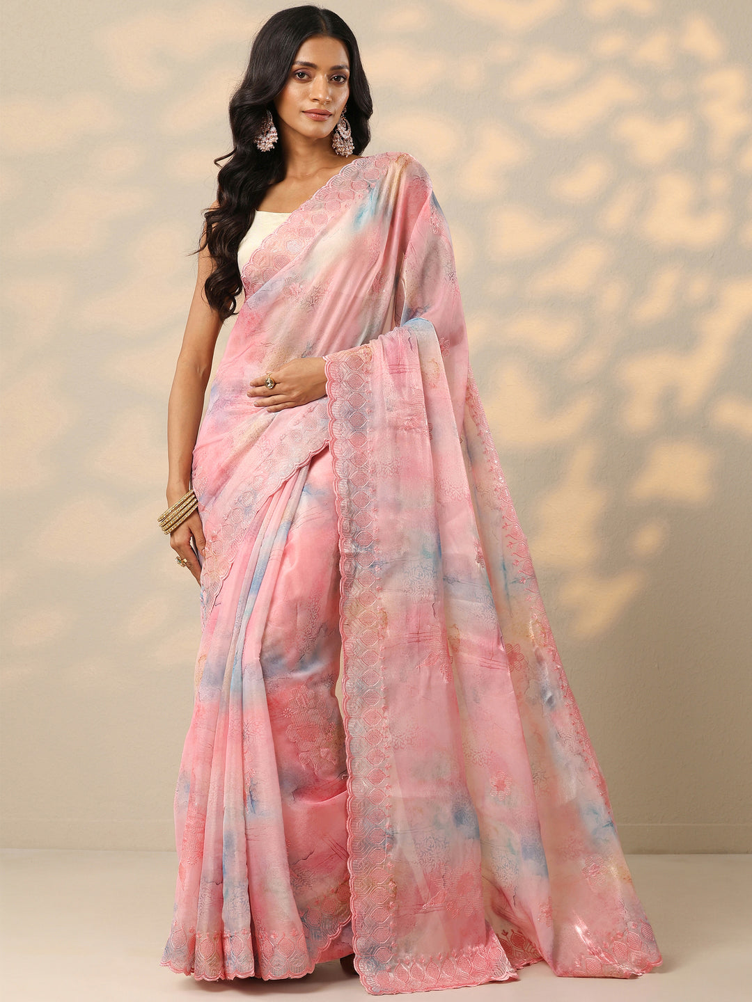  Pink Embroidered Organza Saree With Unstitched Blouse Piece 