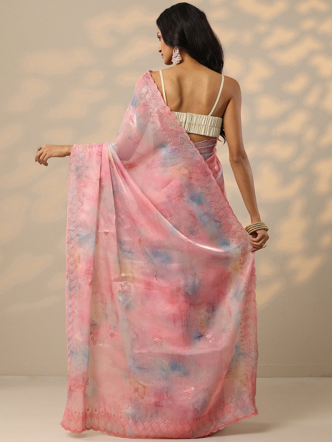  Pink Embroidered Organza Saree With Unstitched Blouse Piece 