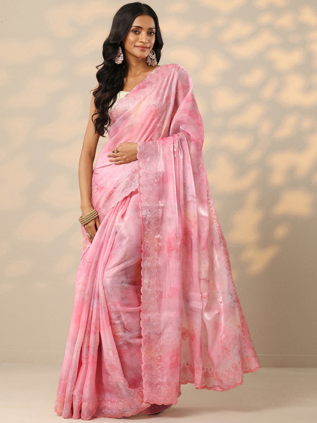  Pink Embroidered Organza Saree With Unstitched Blouse Piece 