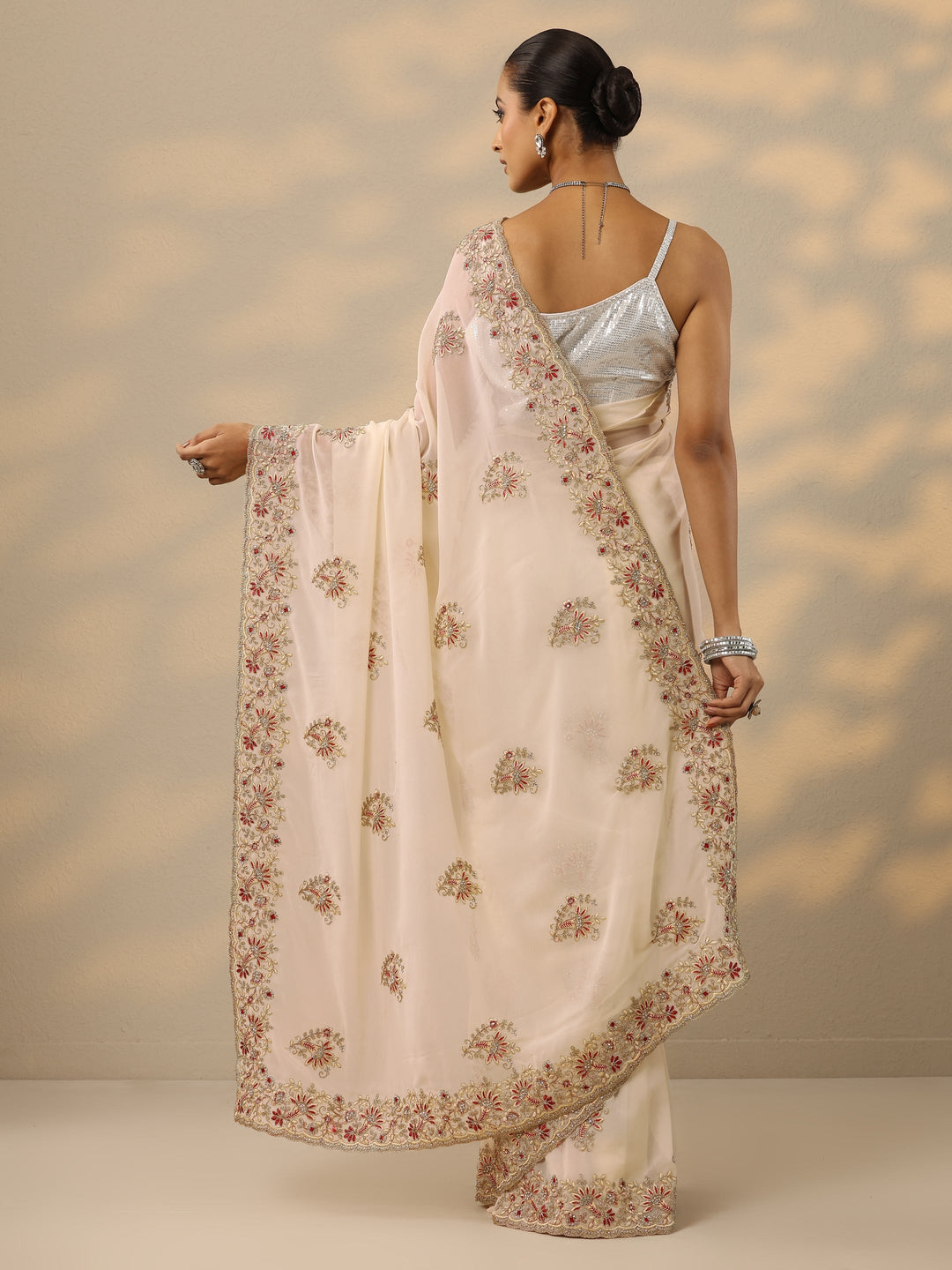  Cream Embellished Georgette Saree With Unstitched Blouse Piece 