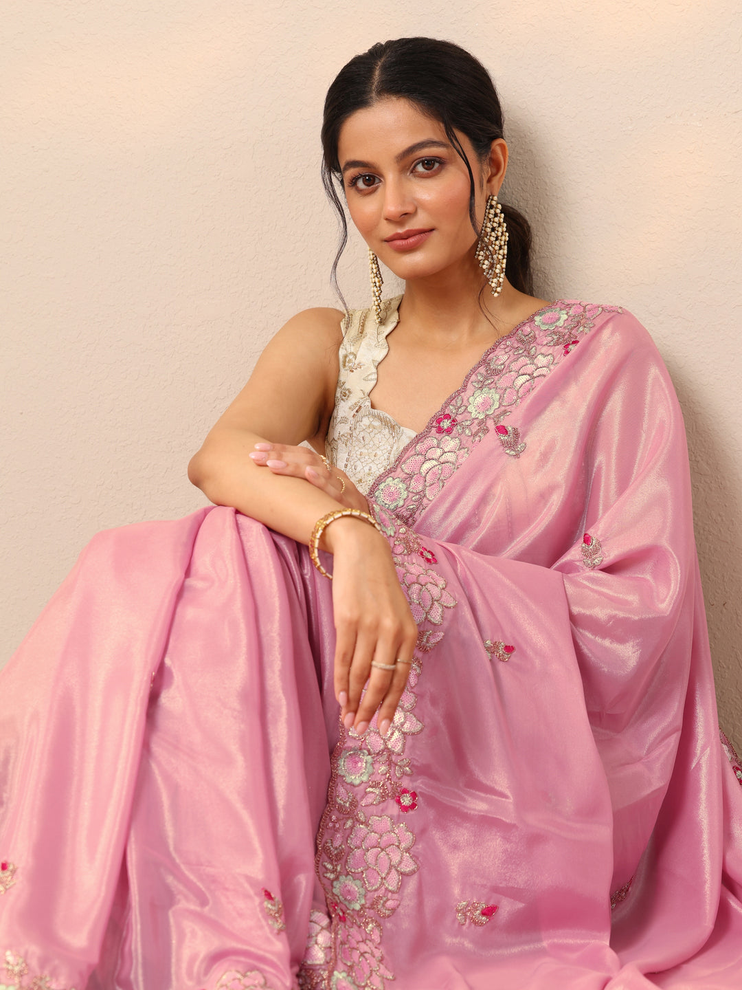  Pink Printed Georgette Sarees With Unstitched Blouse Piece 