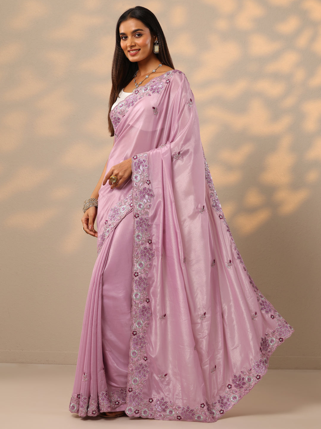  Lavender Embroidered Georgette Saree With Unstitched Blouse Piece 