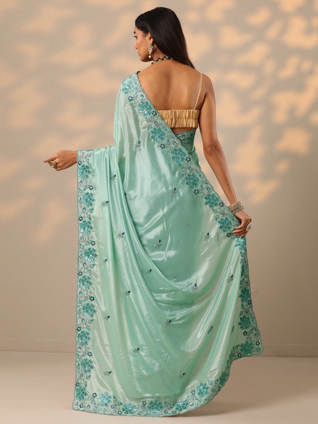  Blue Embroidered Georgette Saree With Unstitched Blouse Piece 