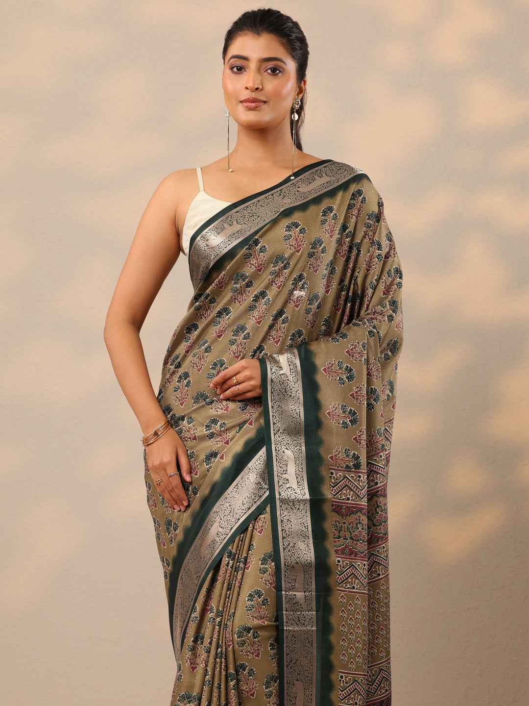  Tan Printed Silk Blend Sarees With Unstitched Blouse Piece 