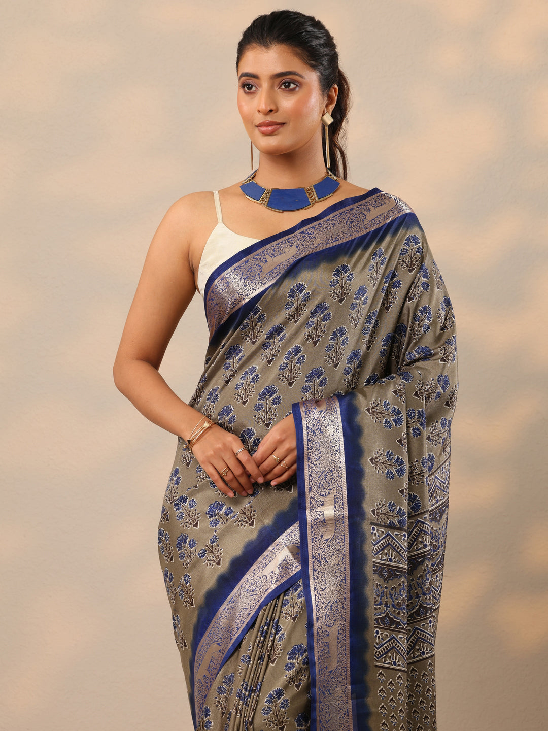  Grey Printed Silk Blend Sarees With Unstitched Blouse Piece 