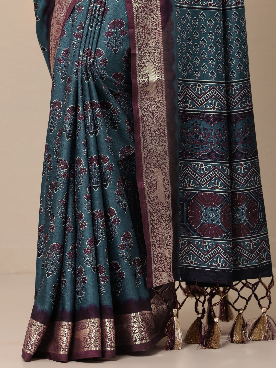  Teal Printed Silk Blend Sarees With Unstitched Blouse Piece 