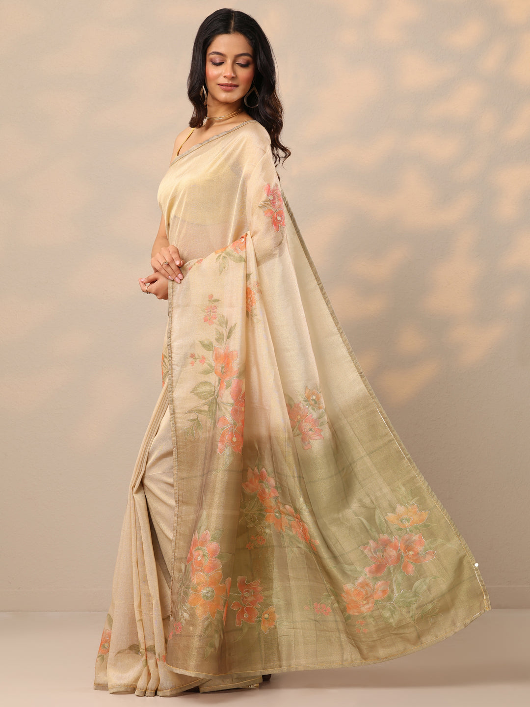  Beige Printed Silk Blend Sarees With Unstitched Blouse Piece 