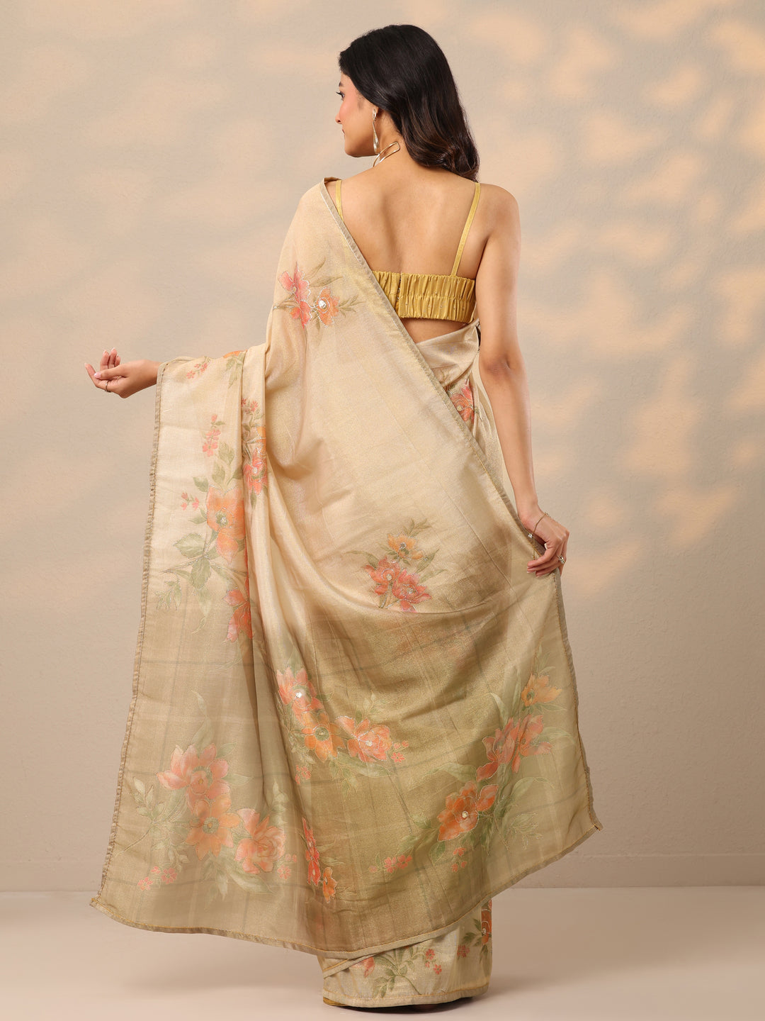  Beige Printed Silk Blend Sarees With Unstitched Blouse Piece 