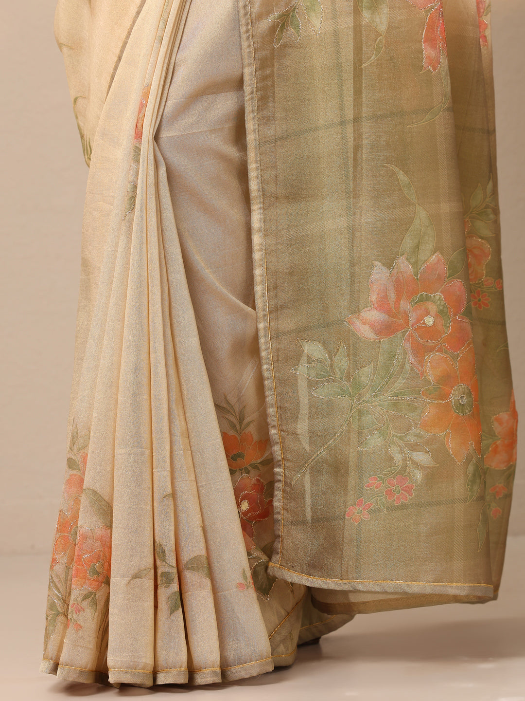  Beige Printed Silk Blend Sarees With Unstitched Blouse Piece 