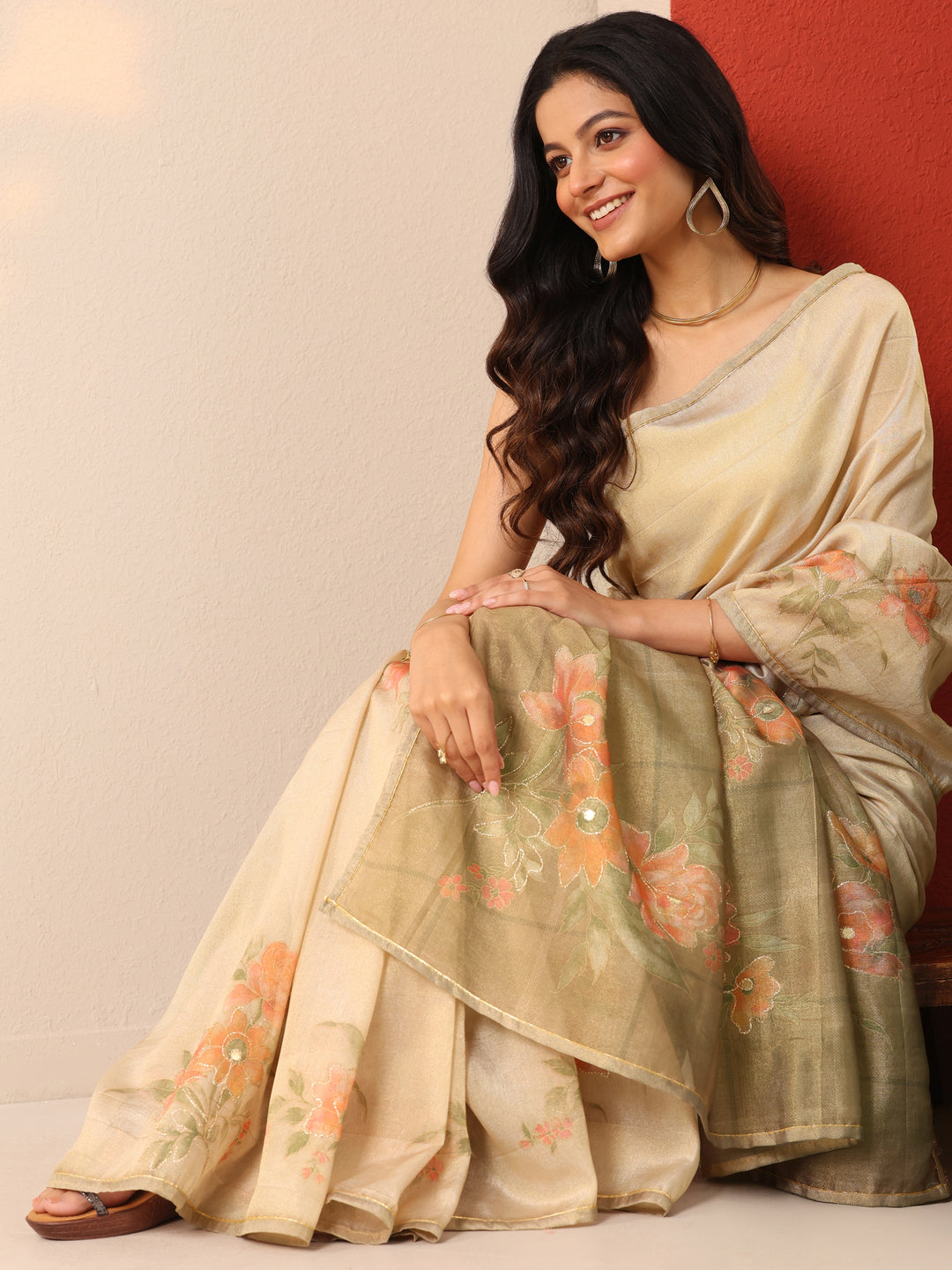  Beige Printed Silk Blend Sarees With Unstitched Blouse Piece 