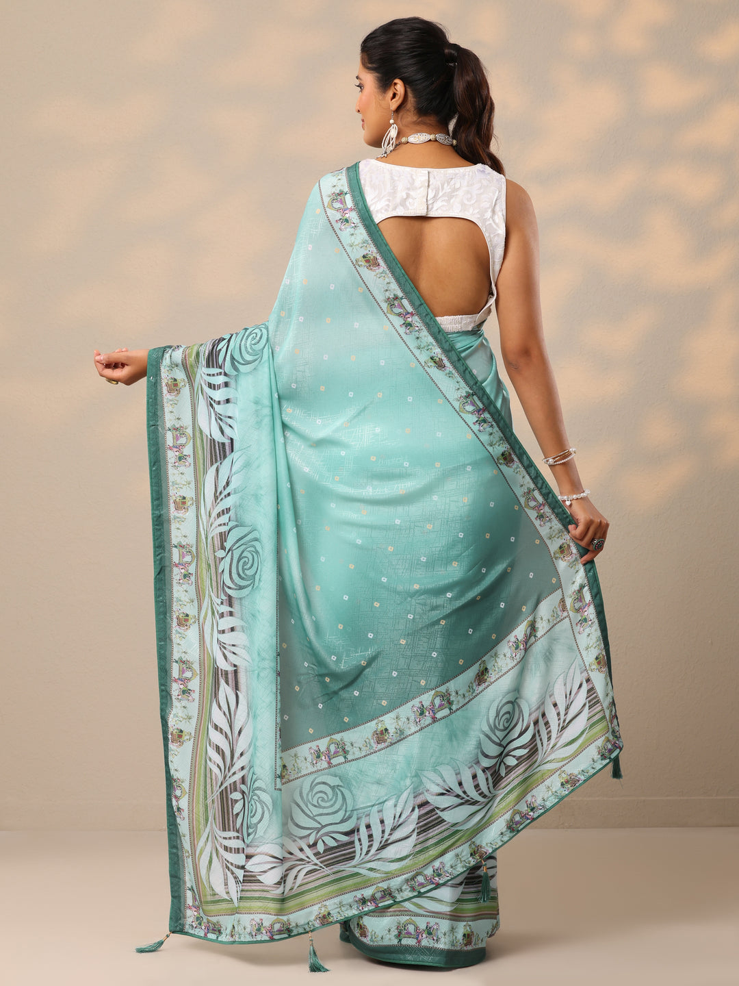  Blue Printed Silk Blend Sarees With Unstitched Blouse Piece 