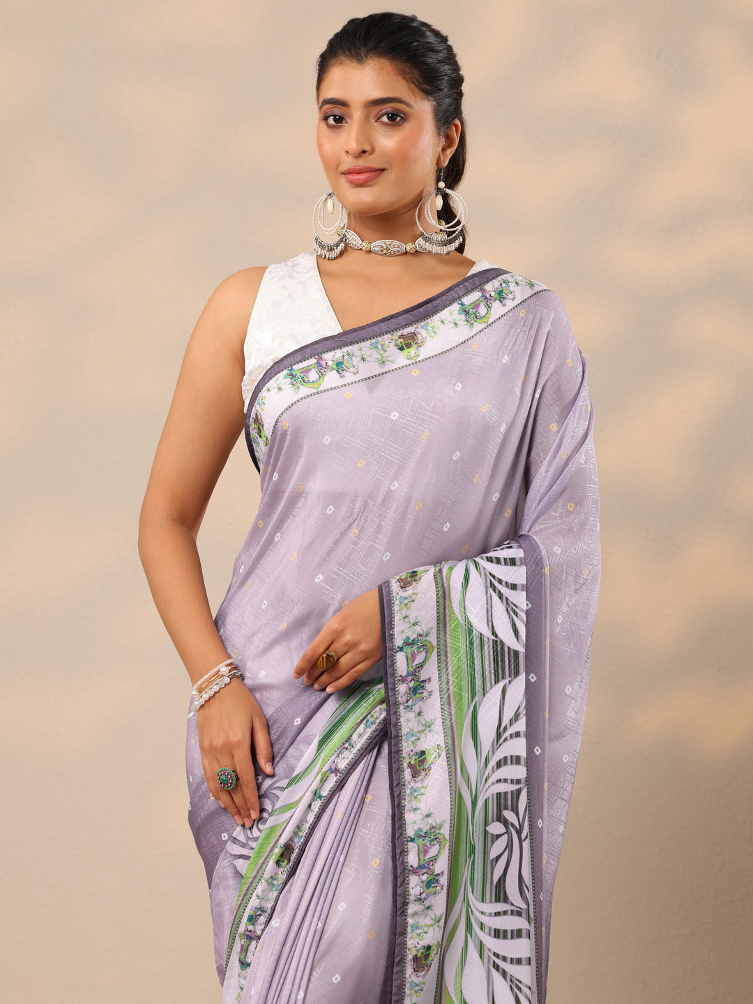 Lavender Printed Silk Blend Sarees With Unstitched Blouse Piece 
