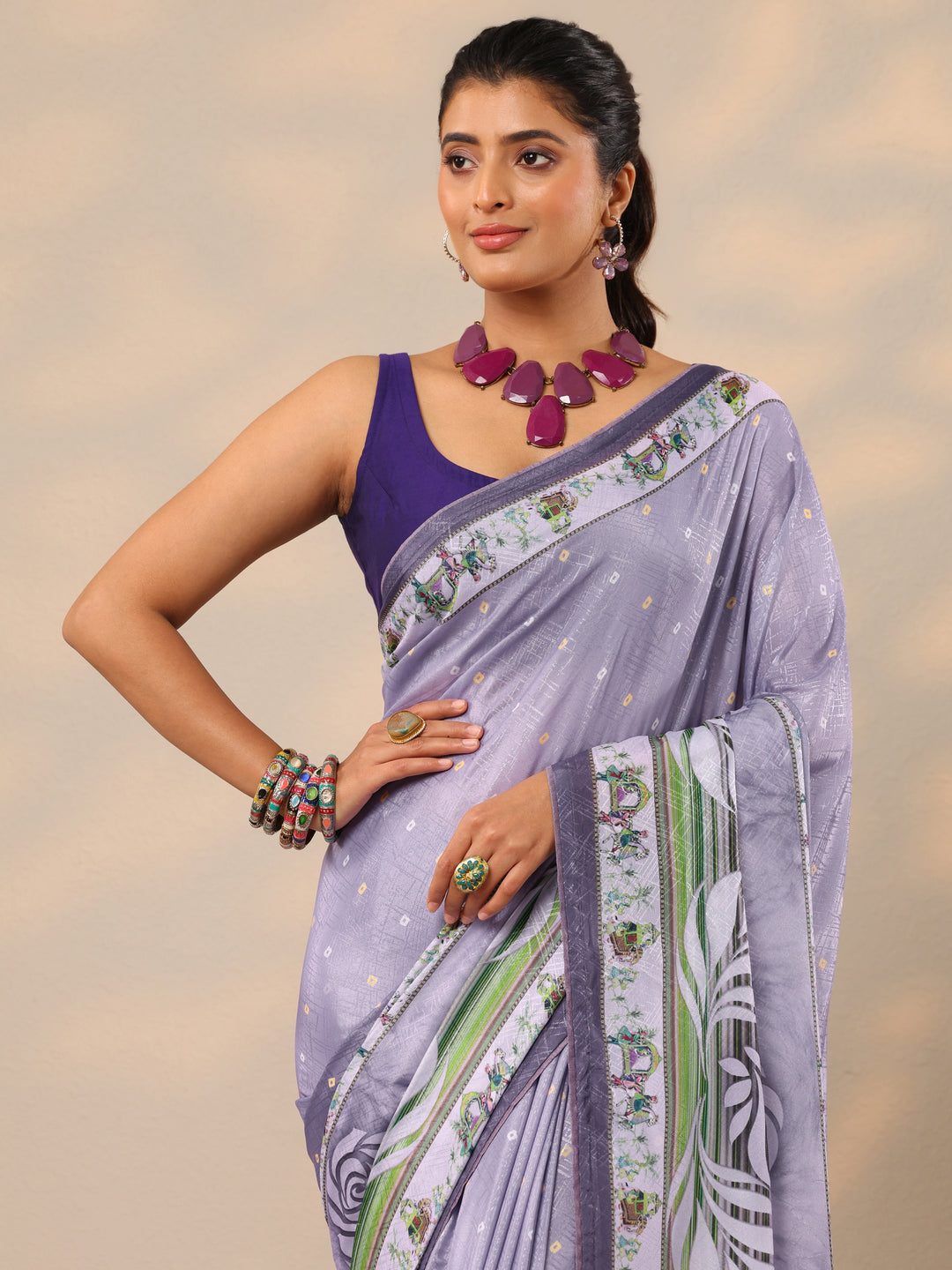  Purple Printed Silk Blend Sarees With Unstitched Blouse Piece 