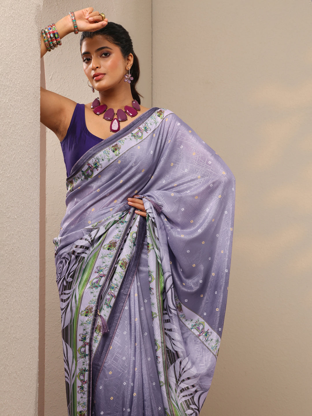  Purple Printed Silk Blend Sarees With Unstitched Blouse Piece 