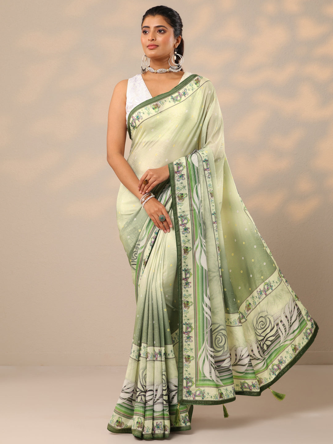  Green Printed Silk Blend Sarees With Unstitched Blouse Piece 