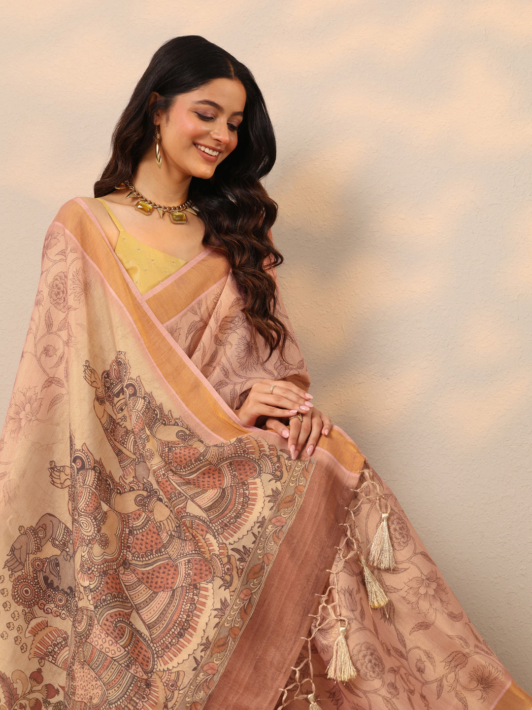  Peach Printed Silk Blend Sarees With Unstitched Blouse Piece 