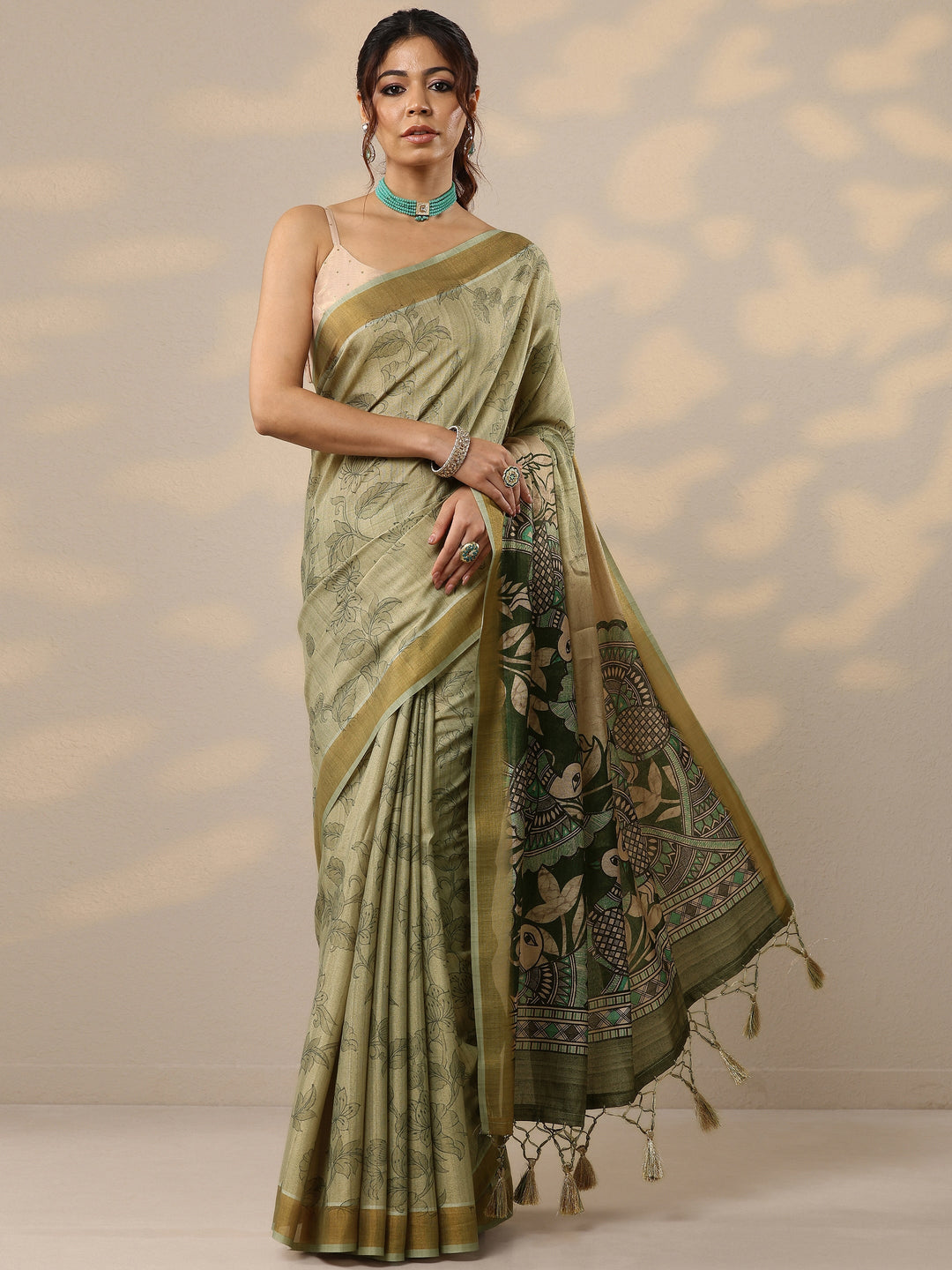  Green Printed Silk Blend Sarees With Unstitched Blouse Piece 