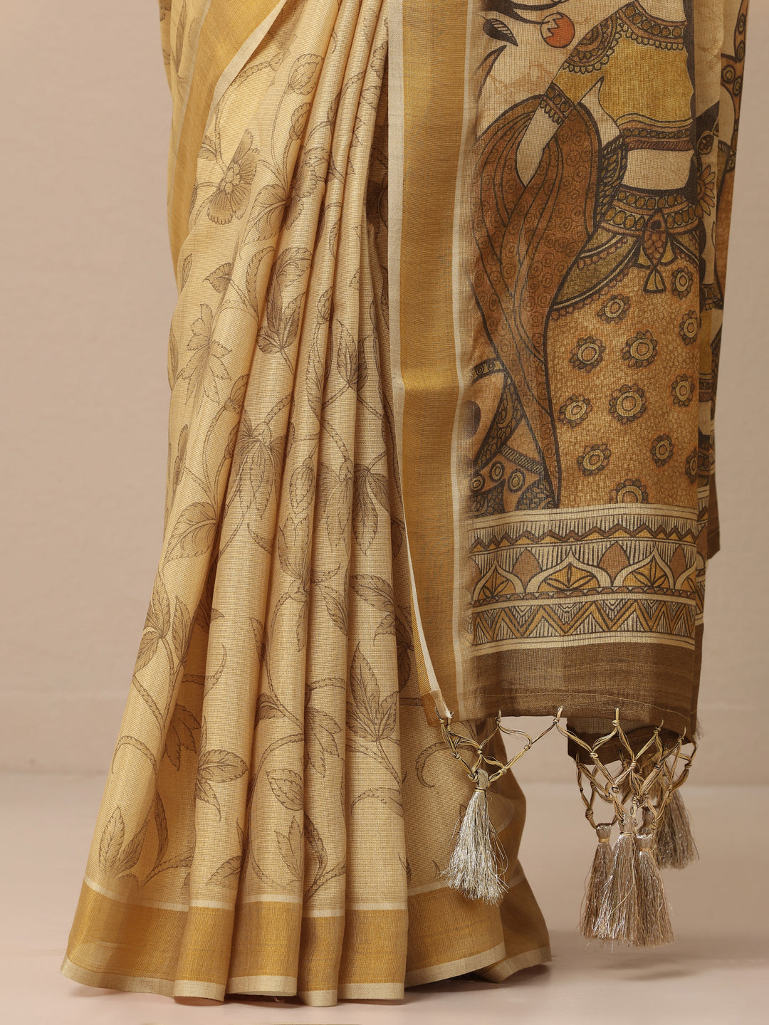  Beige Printed Silk Blend Sarees With Unstitched Blouse Piece 