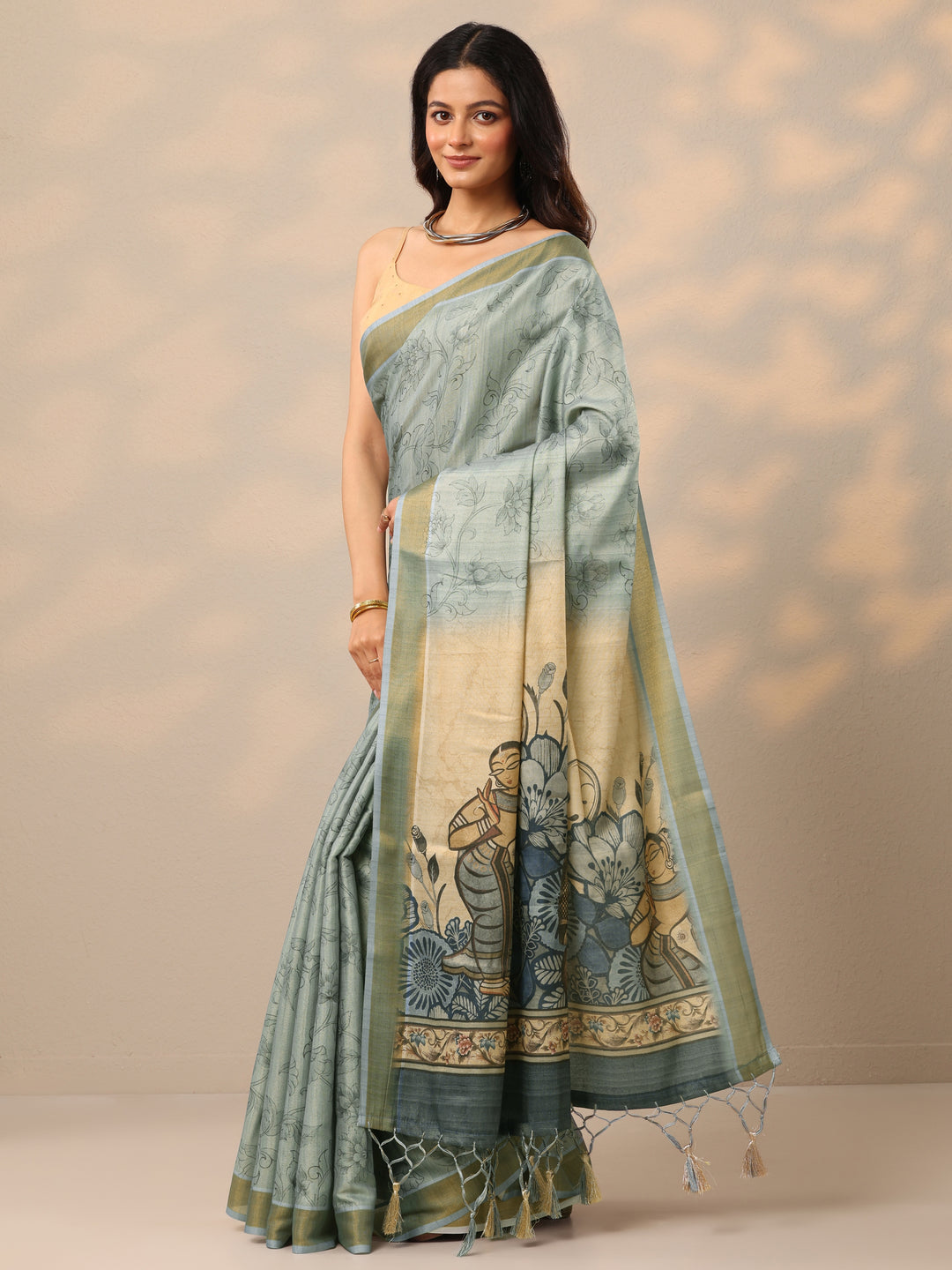  Blue Printed Silk Blend Sarees With Unstitched Blouse Piece 