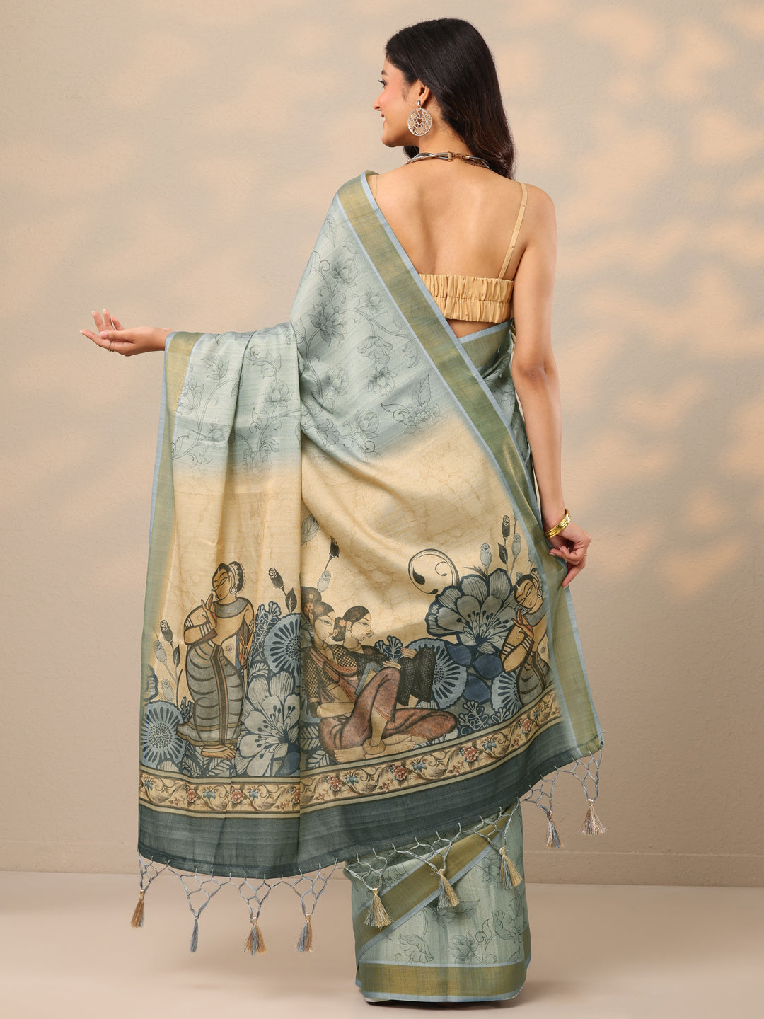  Blue Printed Silk Blend Sarees With Unstitched Blouse Piece 