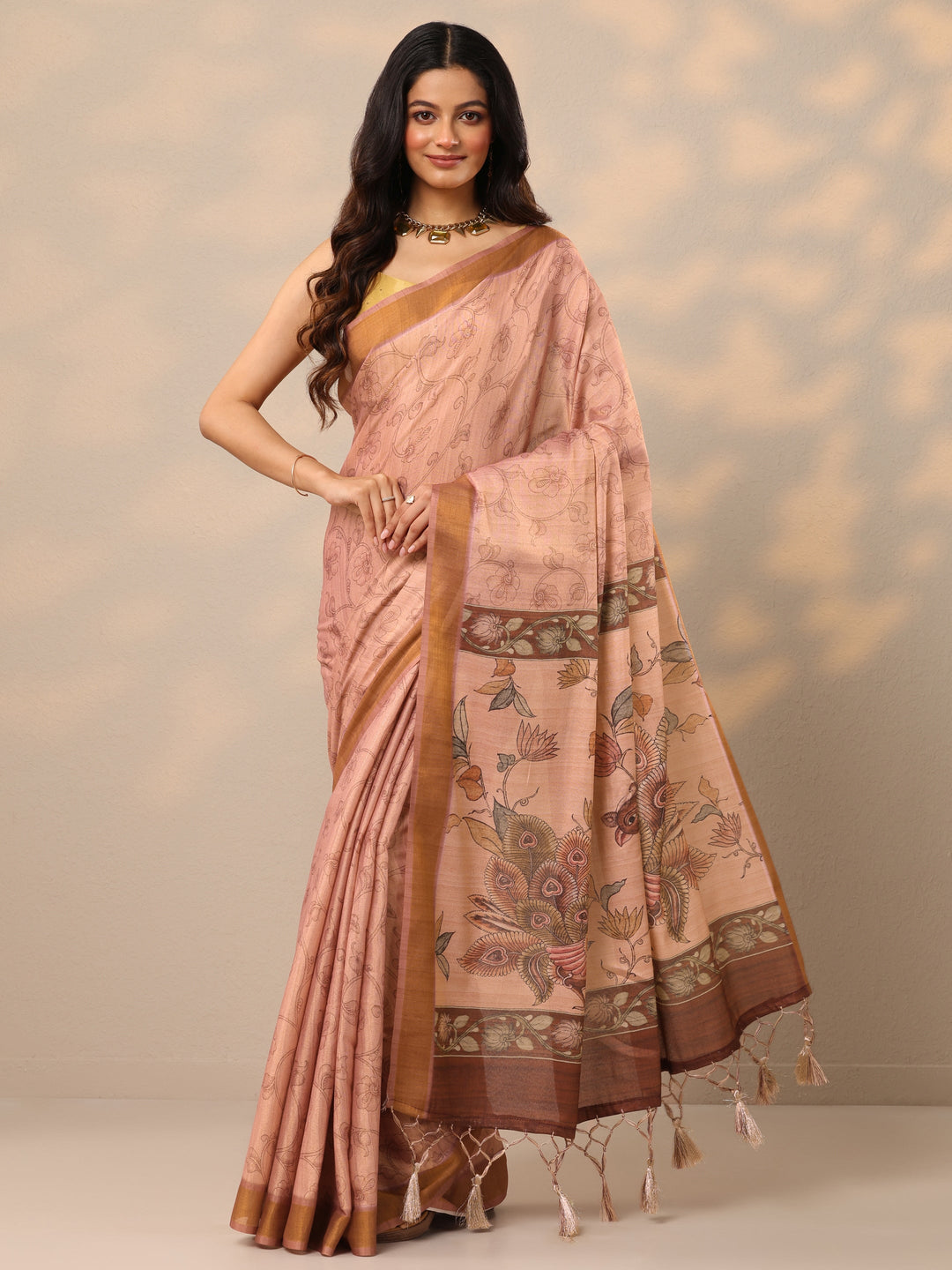  Peach Printed Silk Blend Sarees With Unstitched Blouse Piece 