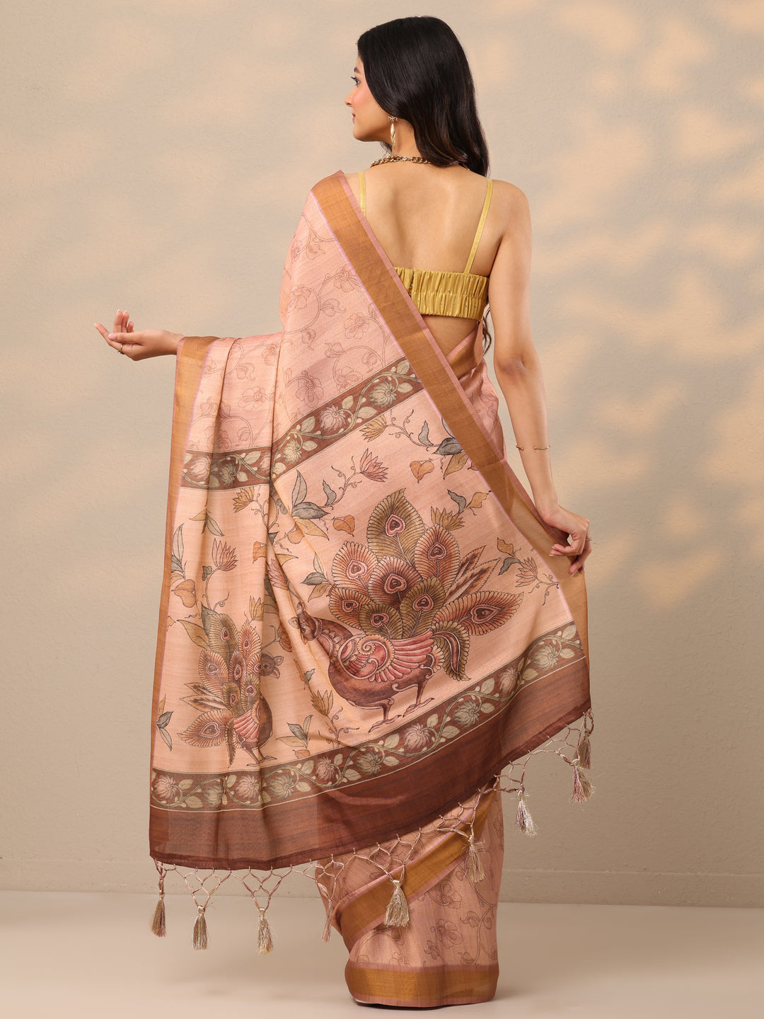  Peach Printed Silk Blend Sarees With Unstitched Blouse Piece 