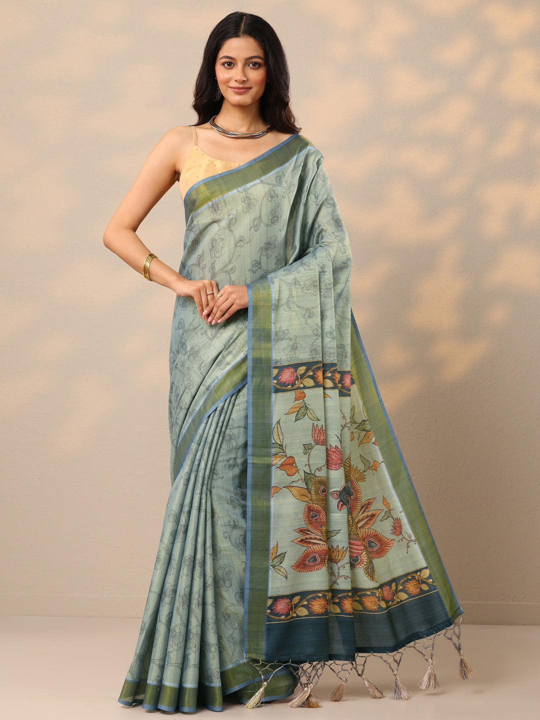  Blue Printed Silk Blend Sarees With Unstitched Blouse Piece 