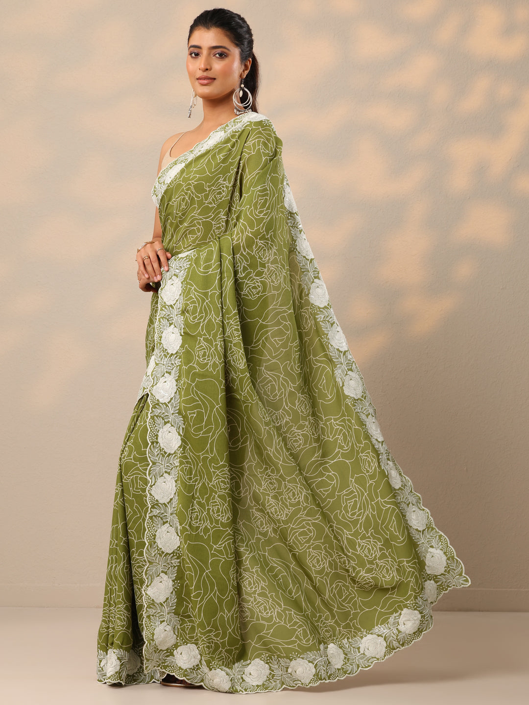  Green Printed Georgette Sarees With Unstitched Blouse Piece 