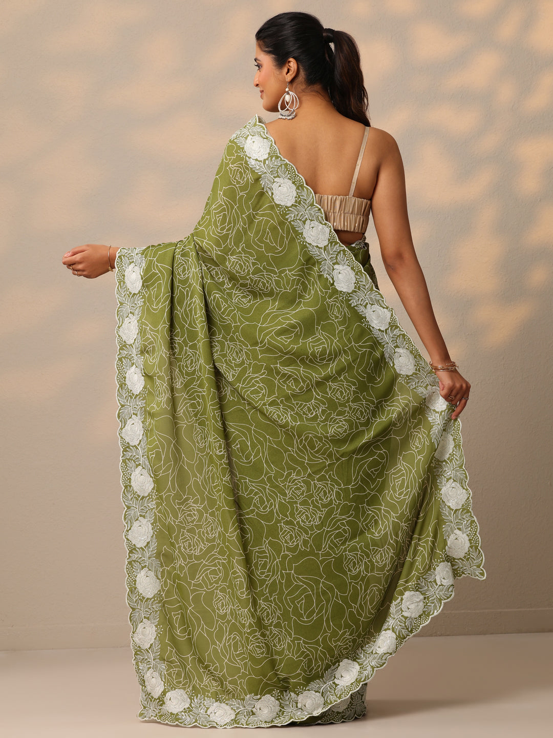  Green Printed Georgette Sarees With Unstitched Blouse Piece 