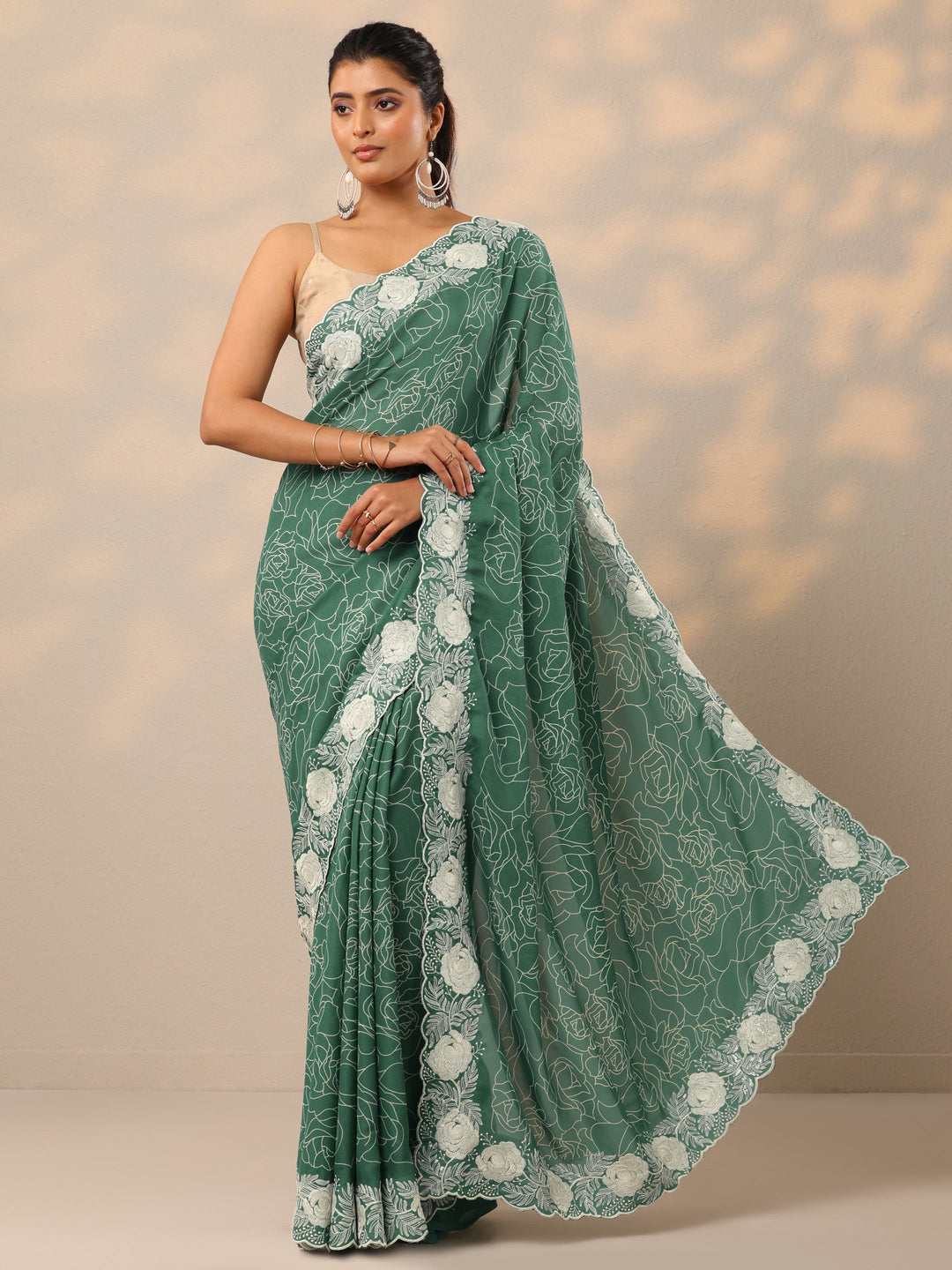  Turquoise blue Printed Georgette Sarees With Unstitched Blouse Piece 